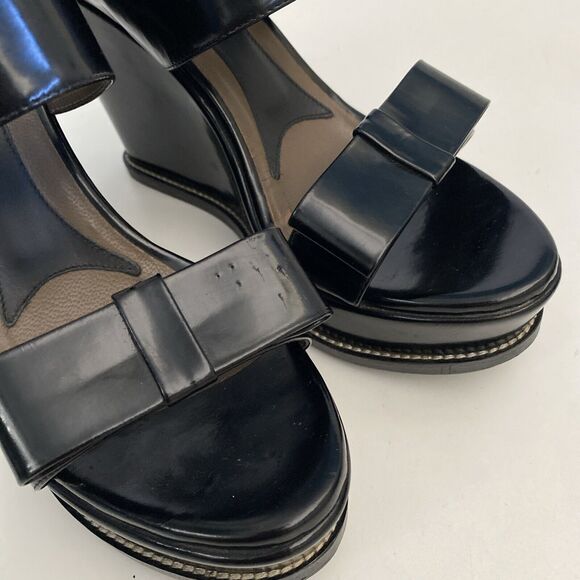 MARNI Sandal Wedge Open Toe Platform Ankle Strap Bow Black Leather 8 - Picture 3 of 10